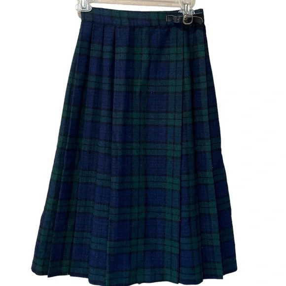 Vintage Changing Scene wool blend green and blue plaid wrap midi skirt size 7 - Picture 1 of 10